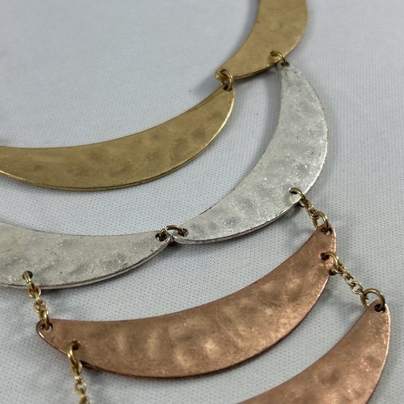 Hammered Copper Brass Silver Tone Bib Necklace Statement Brutalist Metal 15-19" - Picture 3 of 7